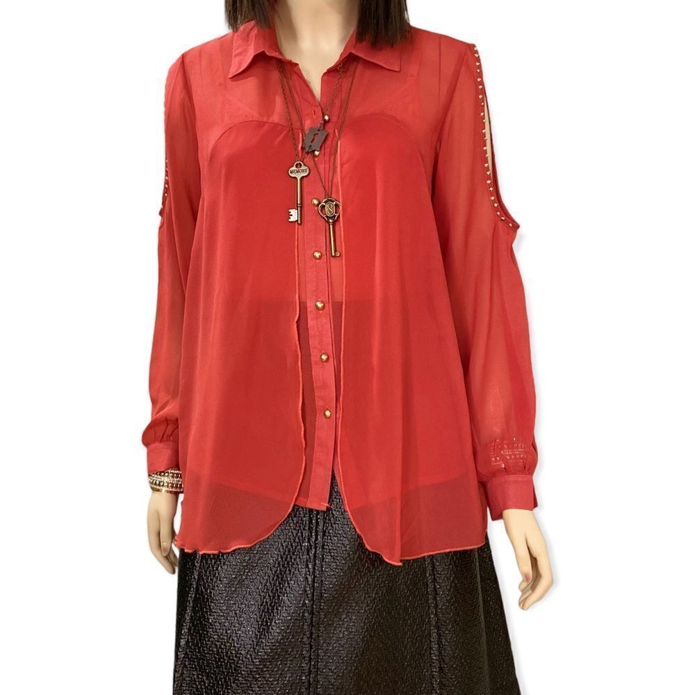 Rustic Orange Button Down Studded Cold Shoulder Double Placket Blouse